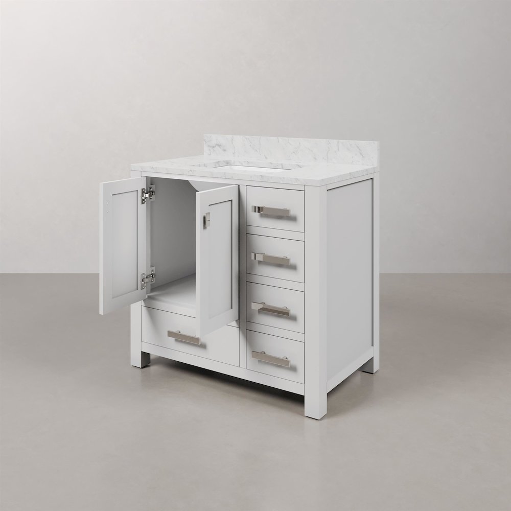 Madison 36 In. Single Sink Carrara White Marble Countertop Bath Vanity. Picture 5