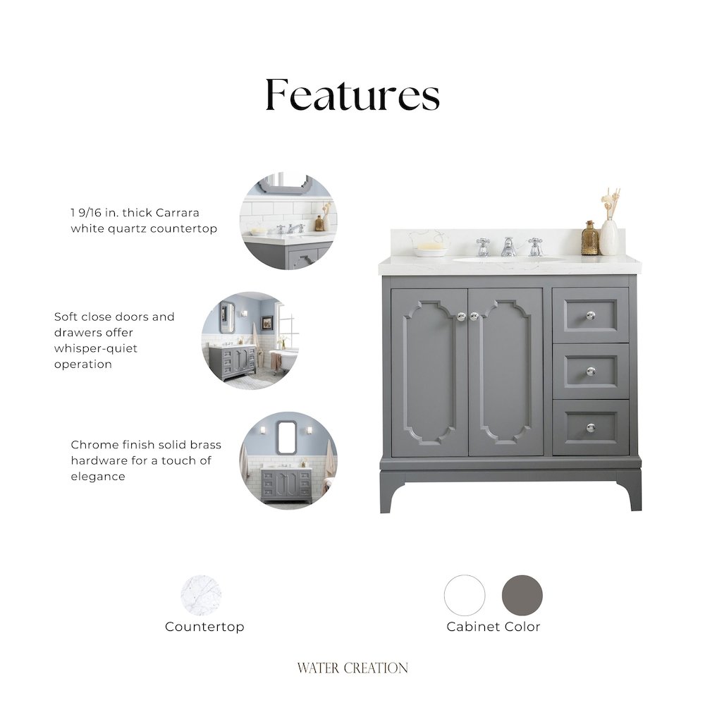 Queen 36 In. Single Sink Sink Carrara Quartz Countertop Bath Vanity. Picture 6