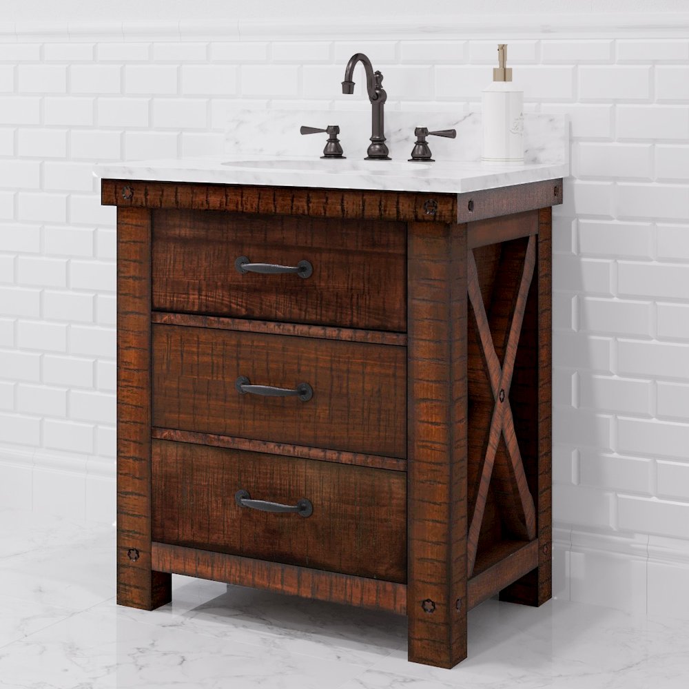 30 In. Single Sink Carrara White Marble Countertop Bath Vanity in Rustic Sienna. Picture 2