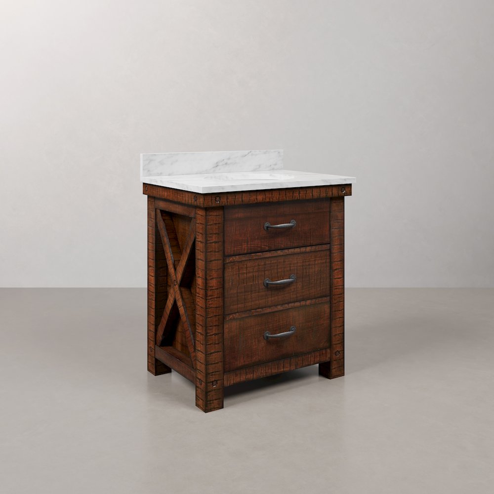 30 In. Single Sink Carrara White Marble Countertop Bath Vanity in Rustic Sienna. Picture 3