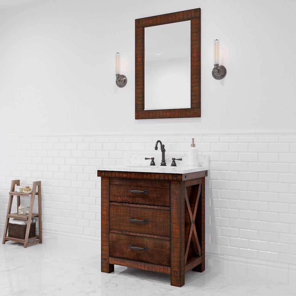 30 In. Single Sink Carrara White Marble Countertop Bath Vanity in Rustic Sienna. Picture 2