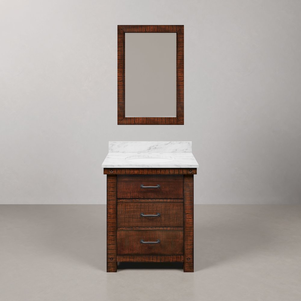 30 In. Single Sink Carrara White Marble Countertop Bath Vanity in Rustic Sienna. Picture 1