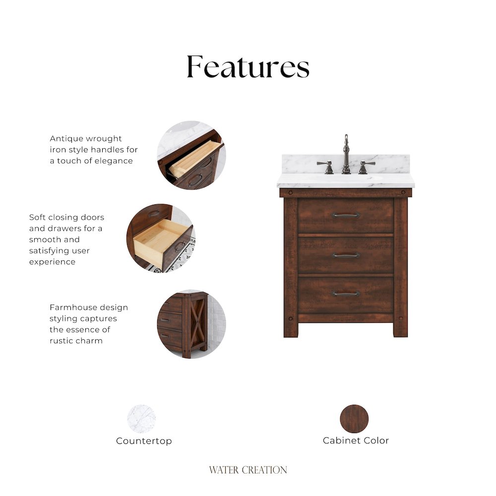 30 In. Single Sink Carrara White Marble Countertop Bath Vanity in Rustic Sienna. Picture 12