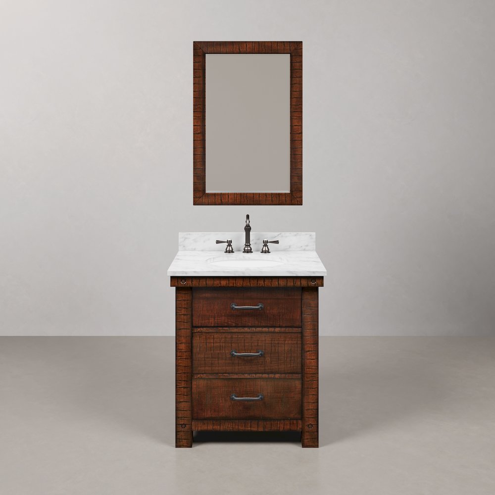 30 In. Single Sink Carrara White Marble Countertop Bath Vanity in Rustic Sienna. Picture 1