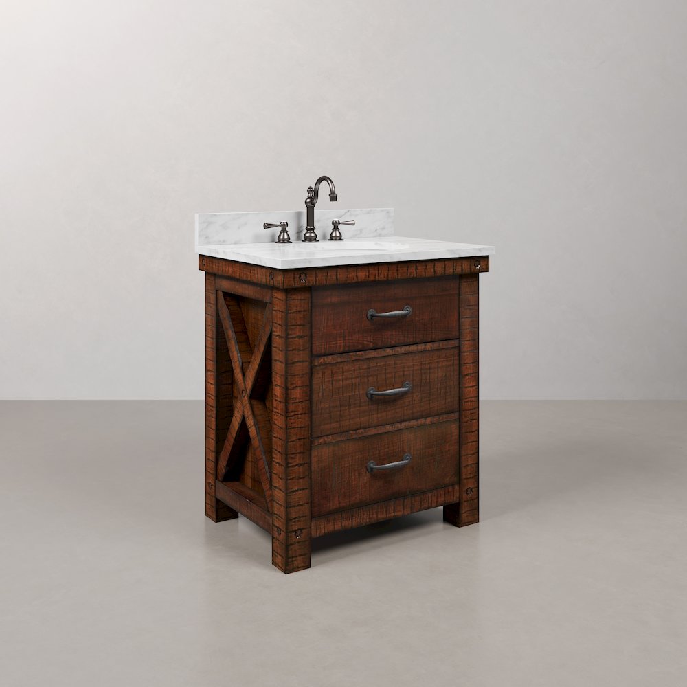 30 In. Single Sink Carrara White Marble Countertop Bath Vanity in Rustic Sienna. Picture 3