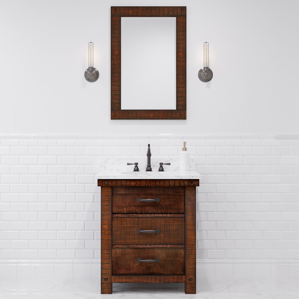 30 In. Single Sink Carrara White Marble Countertop Bath Vanity in Rustic Sienna. Picture 9