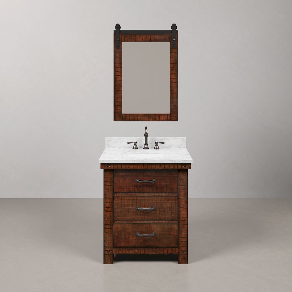 30 In. Single Sink Carrara White Marble Countertop Bath Vanity in Rustic Sienna. Picture 1
