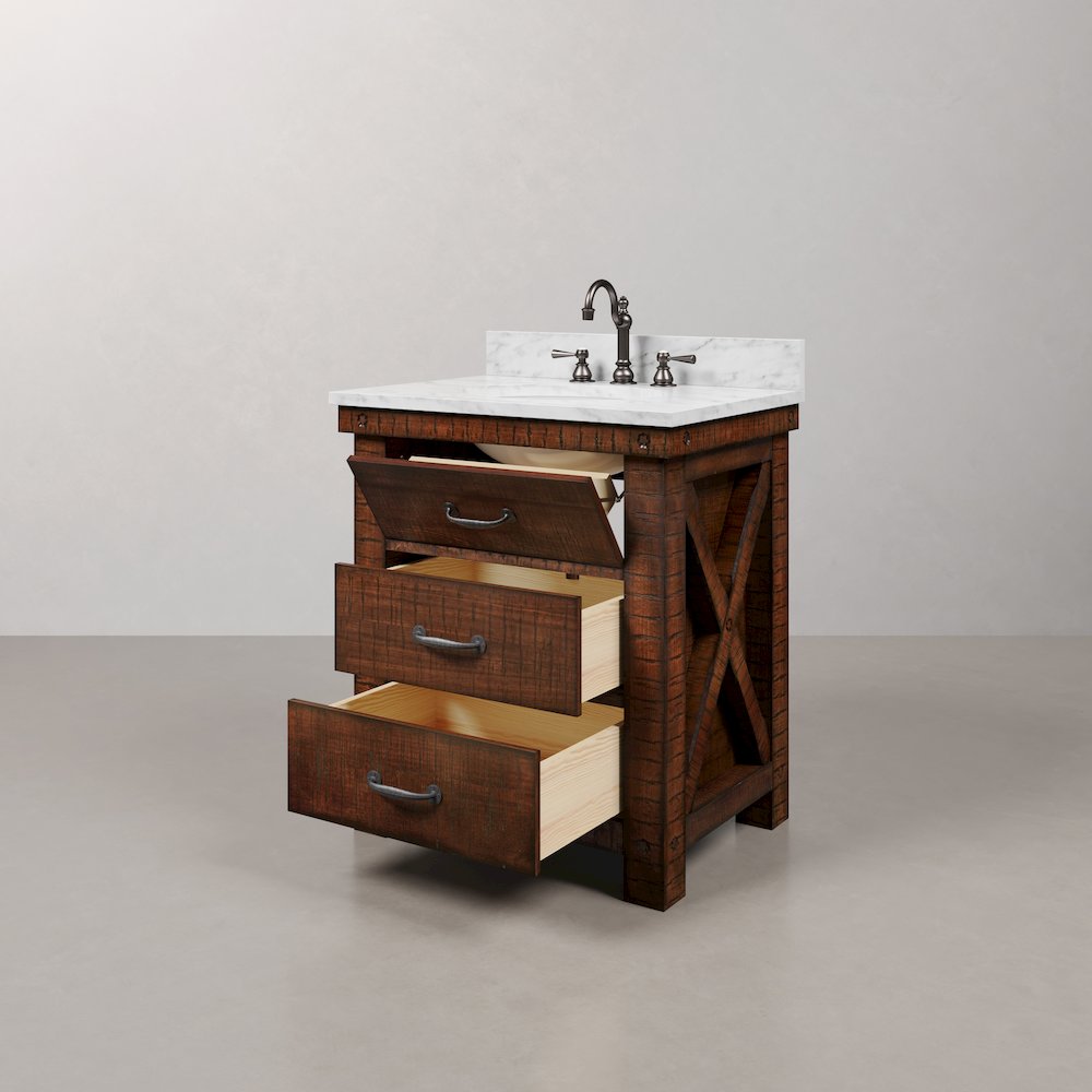 30 In. Single Sink Carrara White Marble Countertop Bath Vanity in Rustic Sienna. Picture 5