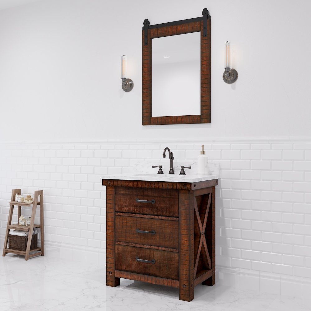 30 In. Single Sink Carrara White Marble Countertop Bath Vanity in Rustic Sienna. Picture 2