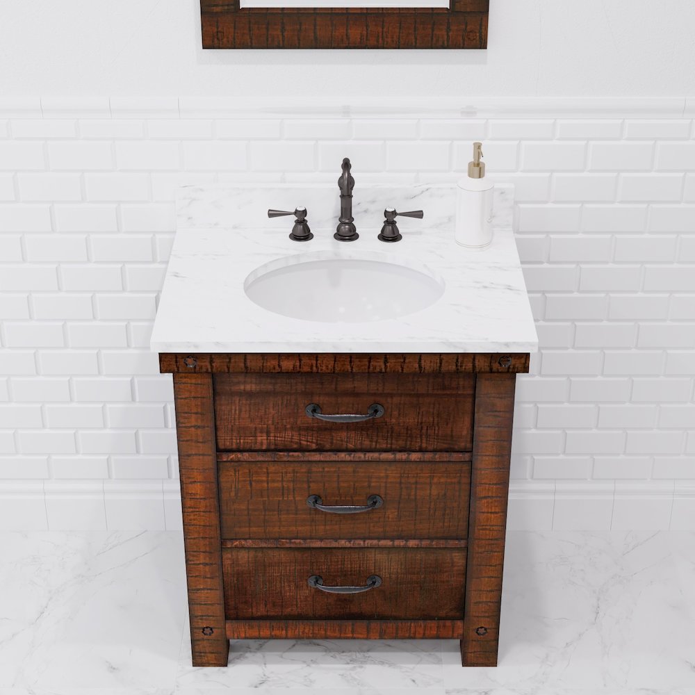 30 In. Single Sink Carrara White Marble Countertop Bath Vanity in Rustic Sienna. Picture 10