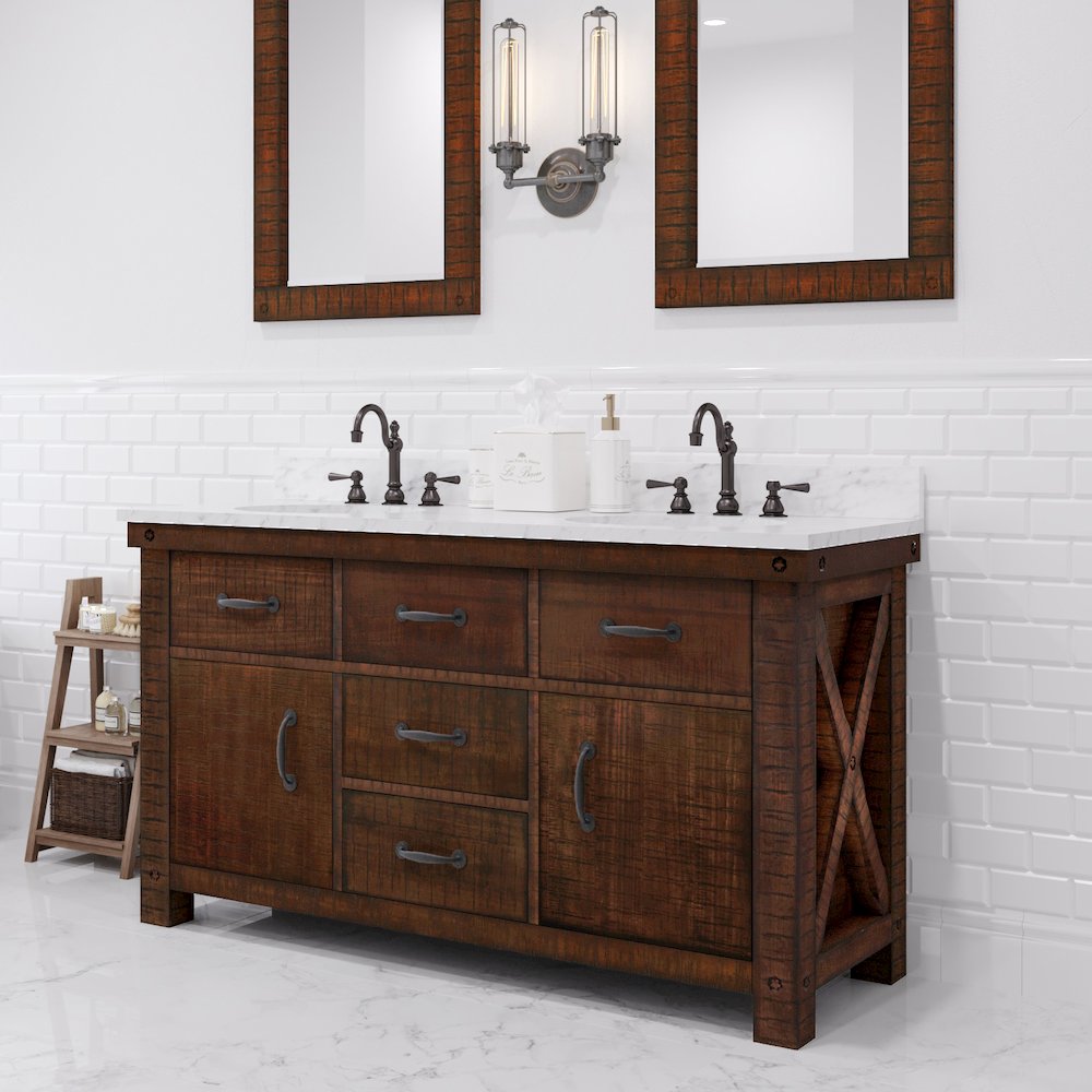 60 In. Double Sink Carrara White Marble Countertop Bath Vanity in Rustic Sienna. Picture 2