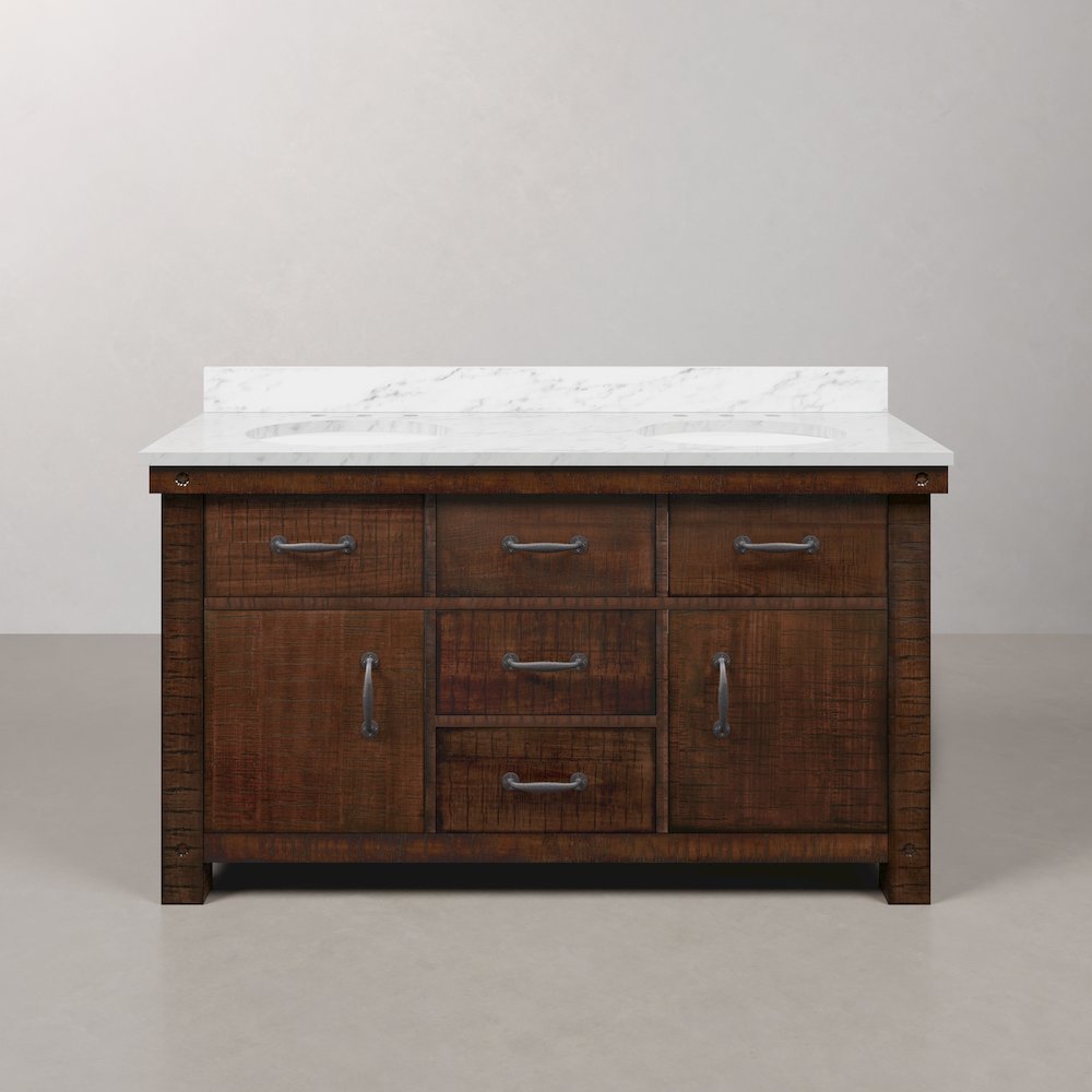 60 In. Double Sink Carrara White Marble Countertop Bath Vanity in Rustic Sienna. Picture 1