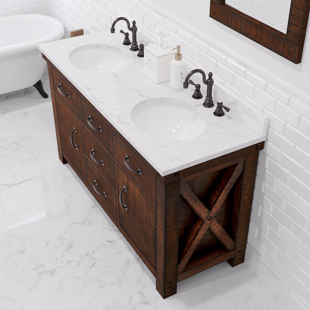 60 In. Double Sink Carrara White Marble Countertop Bath Vanity in Rustic Sienna. Picture 11