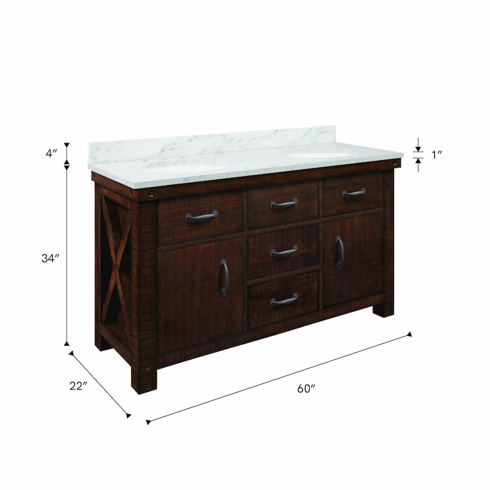 60 In. Double Sink Carrara White Marble Countertop Bath Vanity in Rustic Sienna. Picture 13