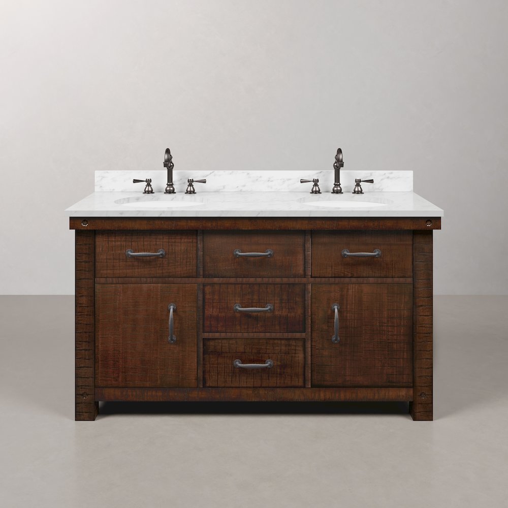 60 In. Double Sink Carrara White Marble Countertop Bath Vanity in Rustic Sienna. Picture 1