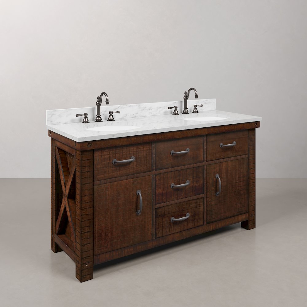 60 In. Double Sink Carrara White Marble Countertop Bath Vanity in Rustic Sienna. Picture 3