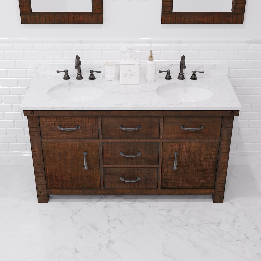 60 In. Double Sink Carrara White Marble Countertop Bath Vanity in Rustic Sienna. Picture 12