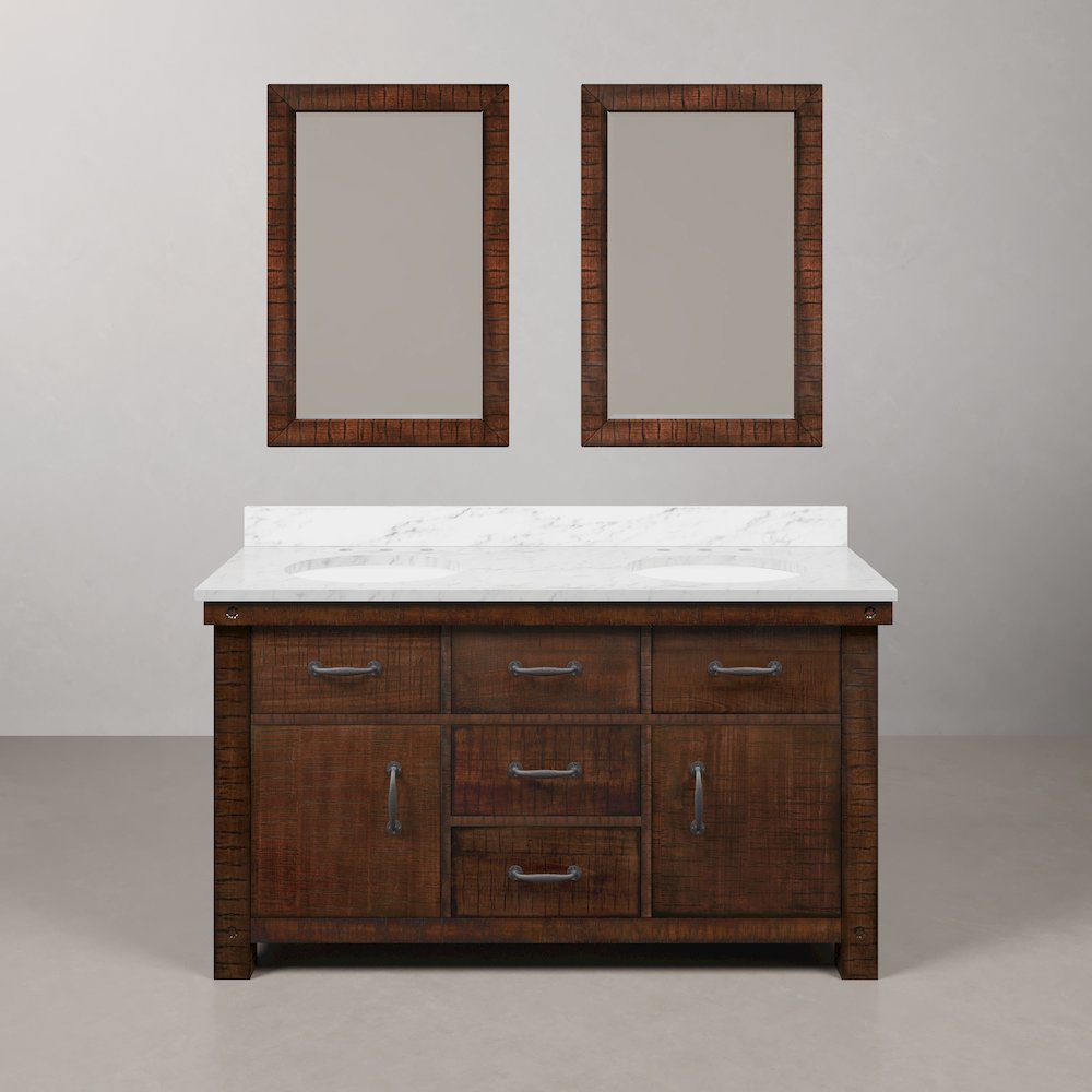 60 In. Double Sink Carrara White Marble Countertop Bath Vanity in Rustic Sienna. Picture 1