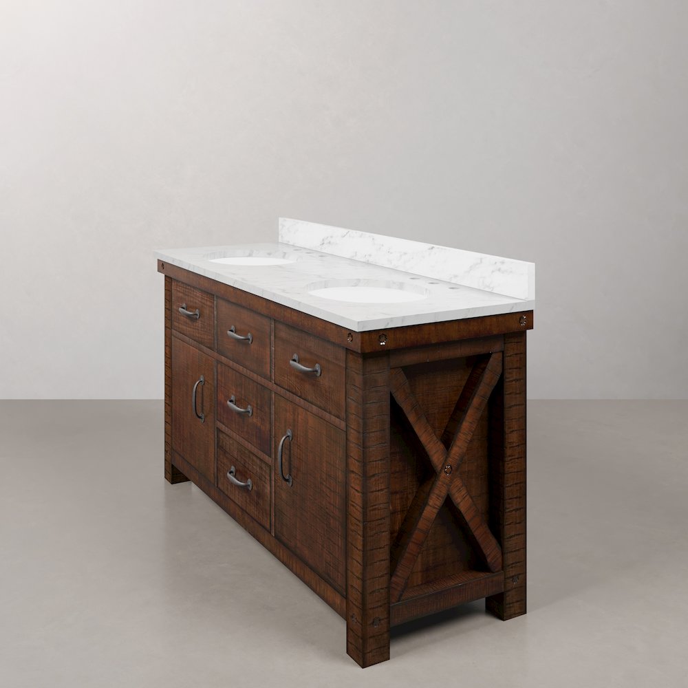 60 In. Double Sink Carrara White Marble Countertop Bath Vanity in Rustic Sienna. Picture 4