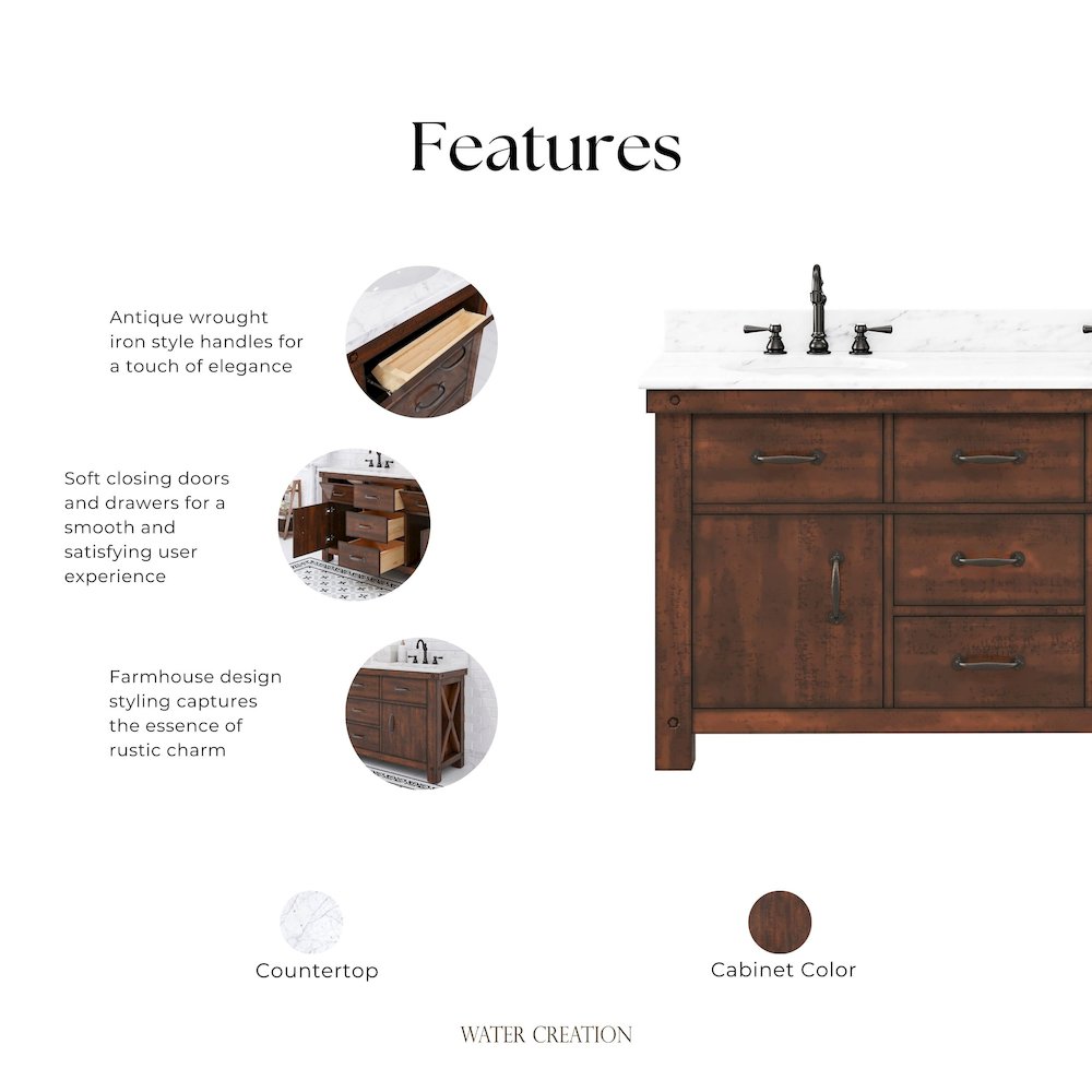 60 In. Double Sink Carrara White Marble Countertop Bath Vanity in Rustic Sienna. Picture 14