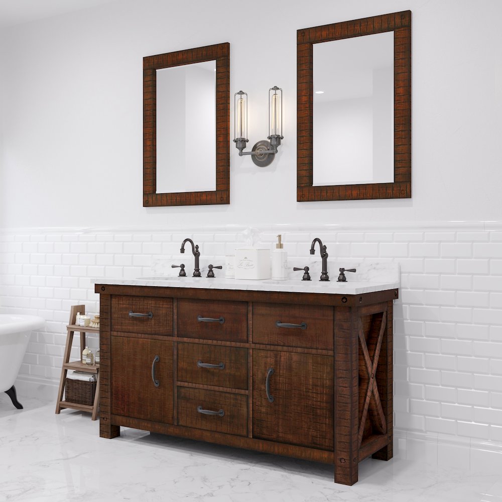 60 In. Double Sink Carrara White Marble Countertop Bath Vanity in Rustic Sienna. Picture 2