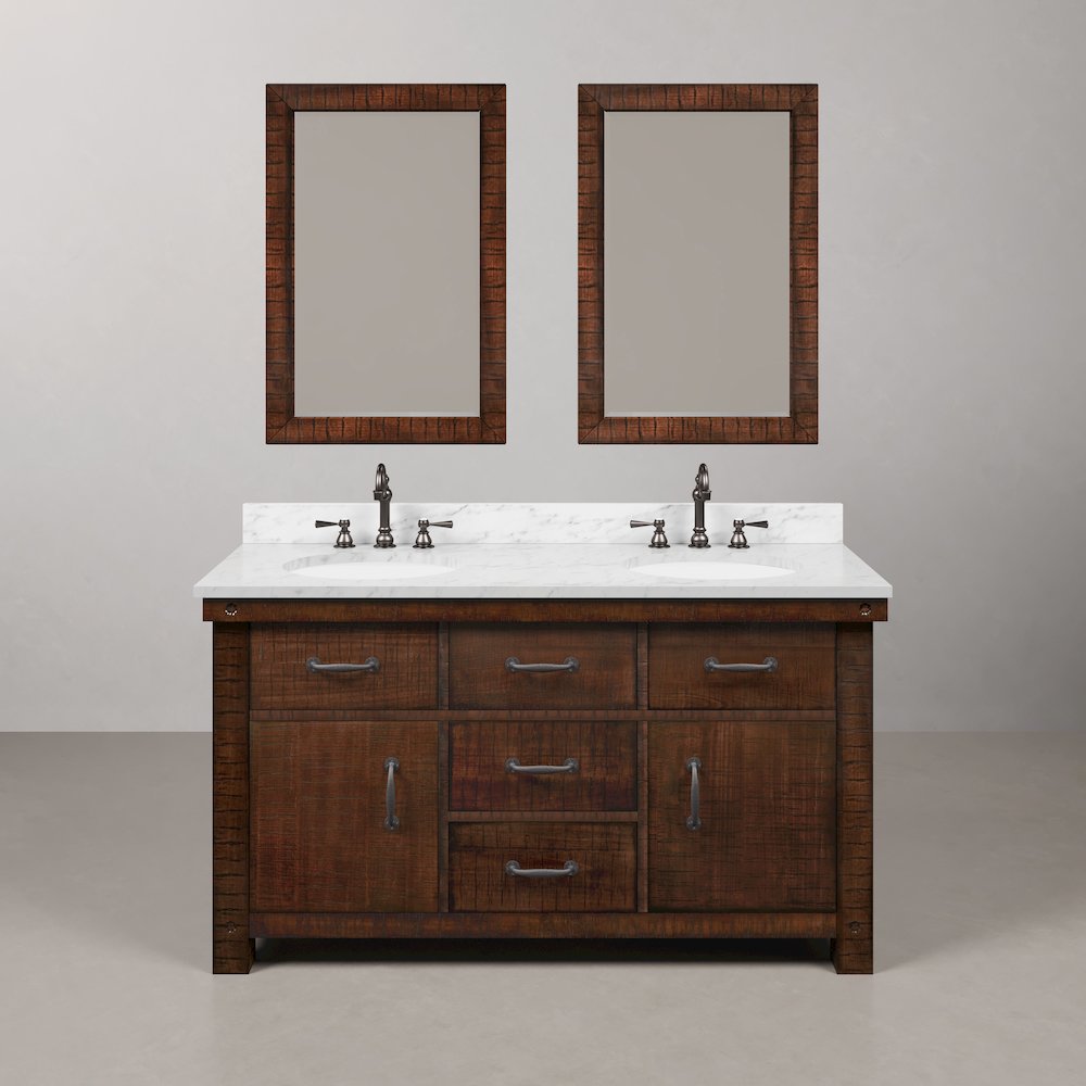 60 In. Double Sink Carrara White Marble Countertop Bath Vanity in Rustic Sienna. Picture 1