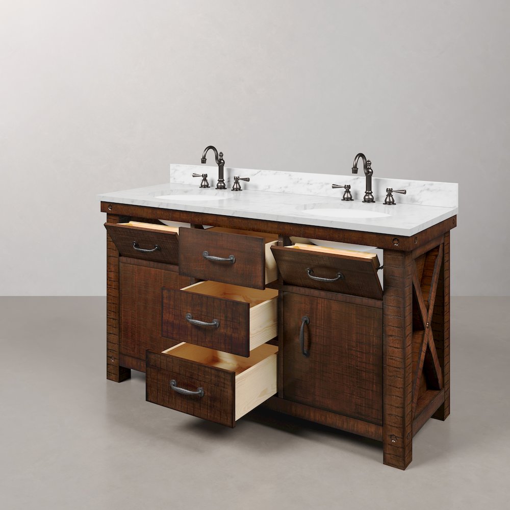 60 In. Double Sink Carrara White Marble Countertop Bath Vanity in Rustic Sienna. Picture 5