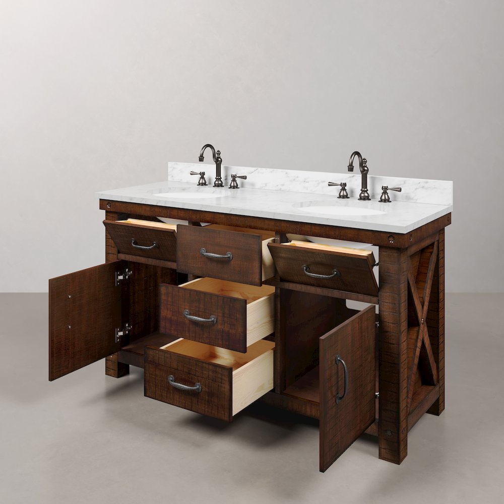 60 In. Double Sink Carrara White Marble Countertop Bath Vanity in Rustic Sienna. Picture 7