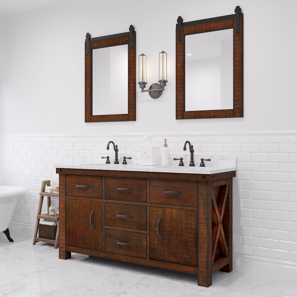 60 In. Double Sink Carrara White Marble Countertop Bath Vanity in Rustic Sienna. Picture 2