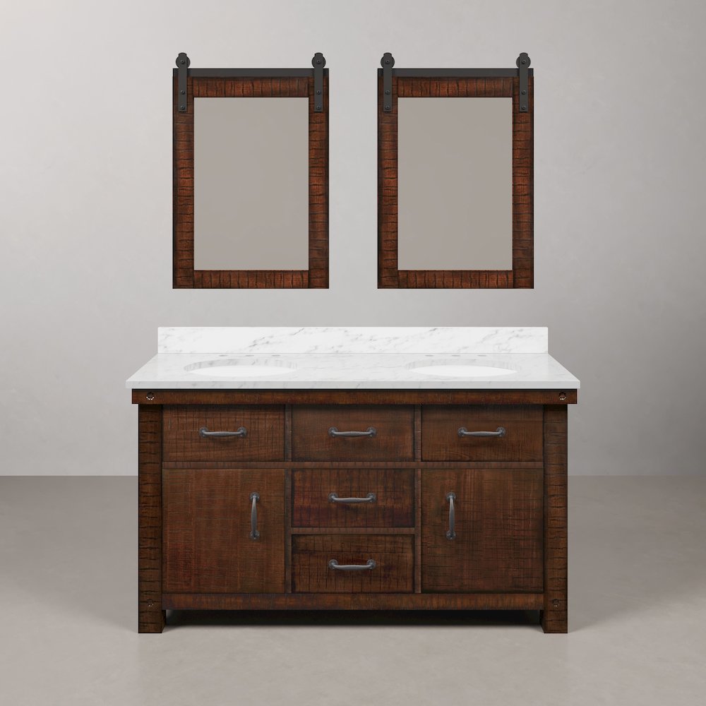 60 In. Double Sink Carrara White Marble Countertop Bath Vanity in Rustic Sienna. Picture 1