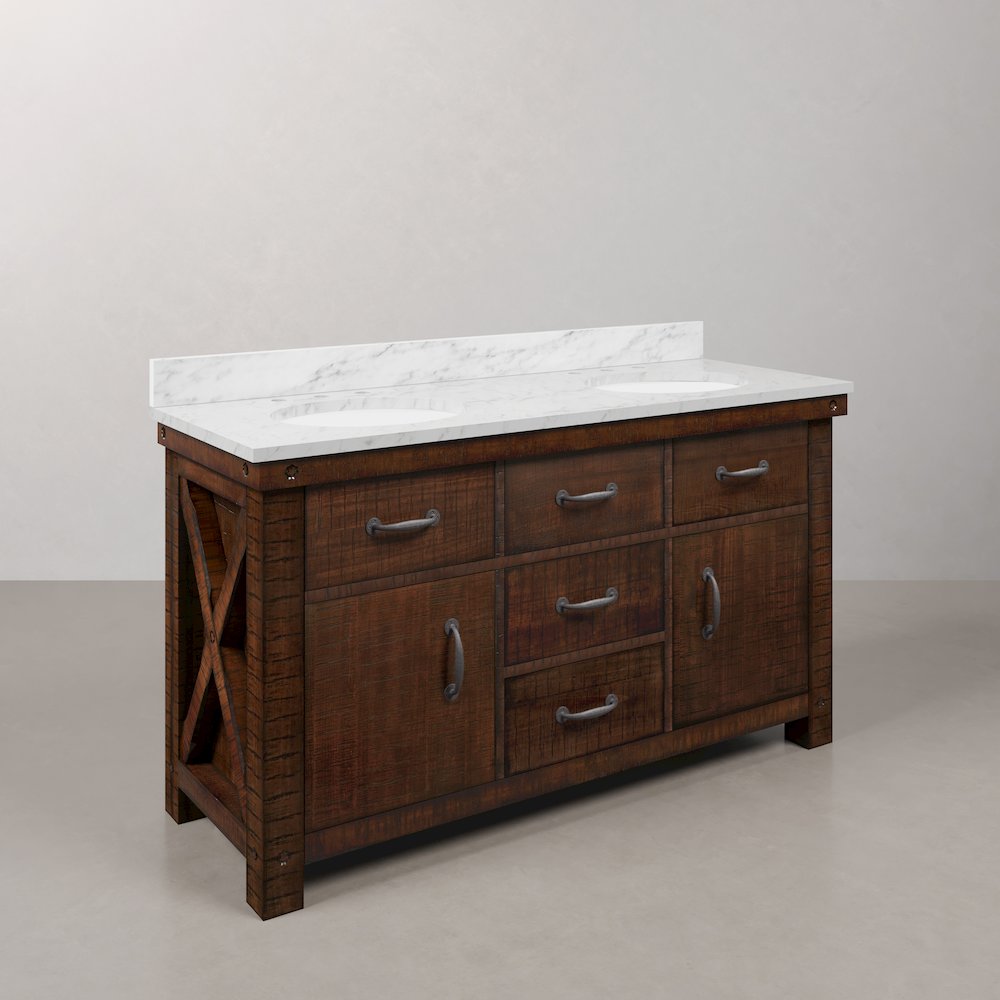 60 In. Double Sink Carrara White Marble Countertop Bath Vanity in Rustic Sienna. Picture 3
