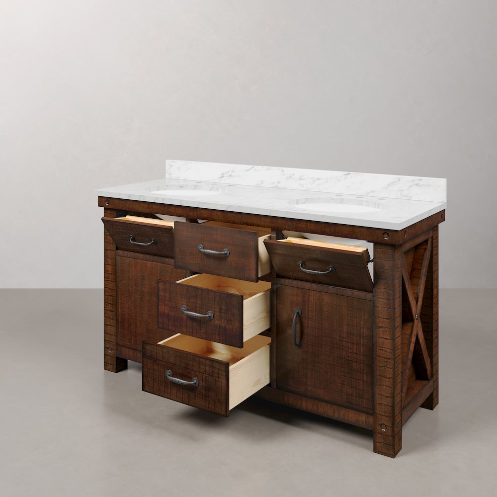 60 In. Double Sink Carrara White Marble Countertop Bath Vanity in Rustic Sienna. Picture 5