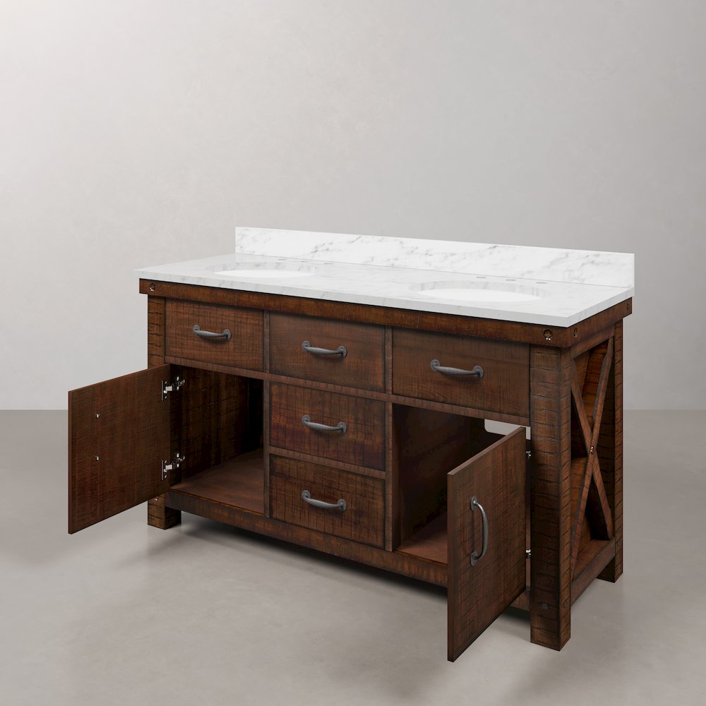 60 In. Double Sink Carrara White Marble Countertop Bath Vanity in Rustic Sienna. Picture 6