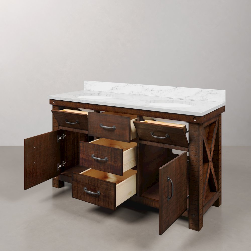 60 In. Double Sink Carrara White Marble Countertop Bath Vanity in Rustic Sienna. Picture 7