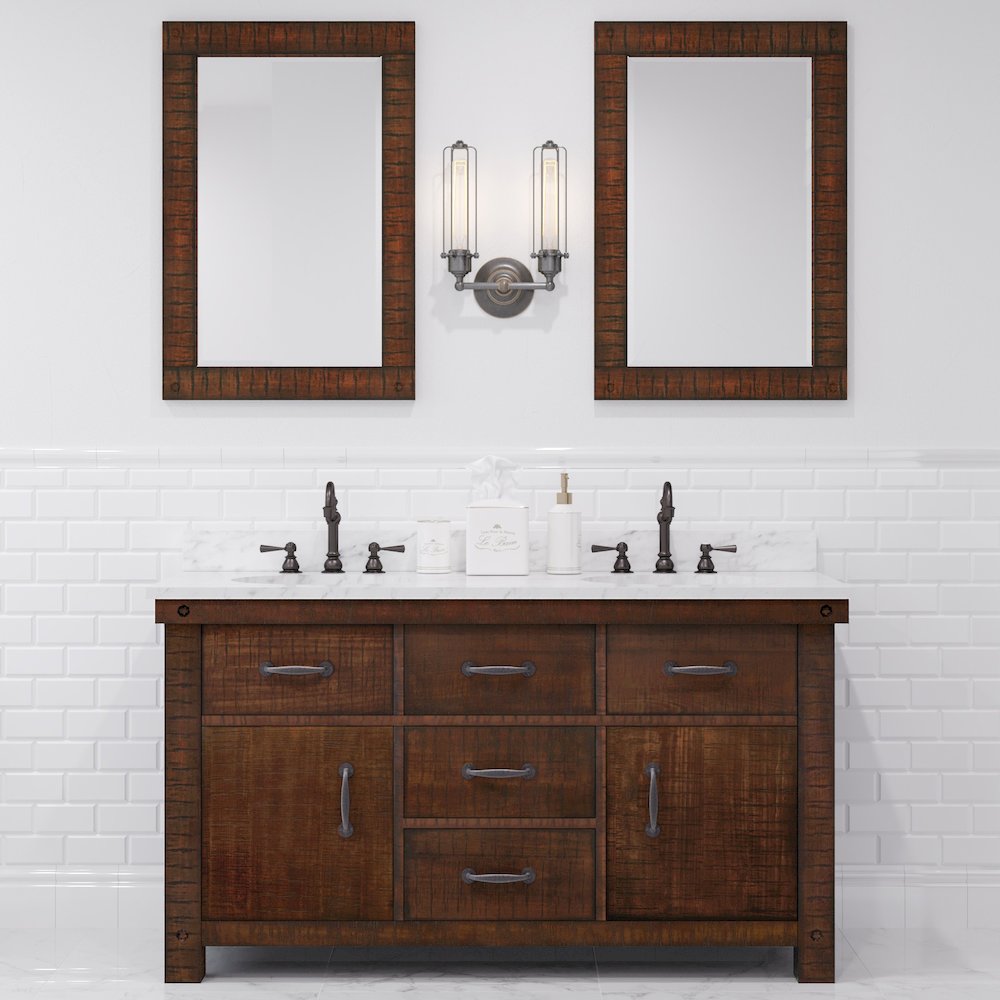 60 In. Double Sink Carrara White Marble Countertop Bath Vanity in Rustic Sienna. Picture 10