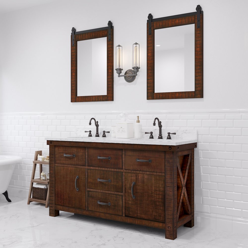 60 In. Double Sink Carrara White Marble Countertop Bath Vanity in Rustic Sienna. Picture 2