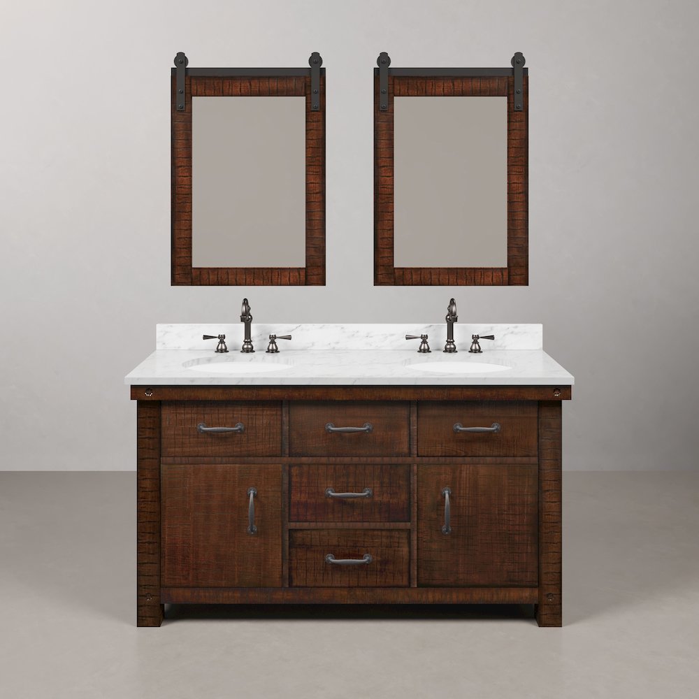 60 In. Double Sink Carrara White Marble Countertop Bath Vanity in Rustic Sienna. Picture 1