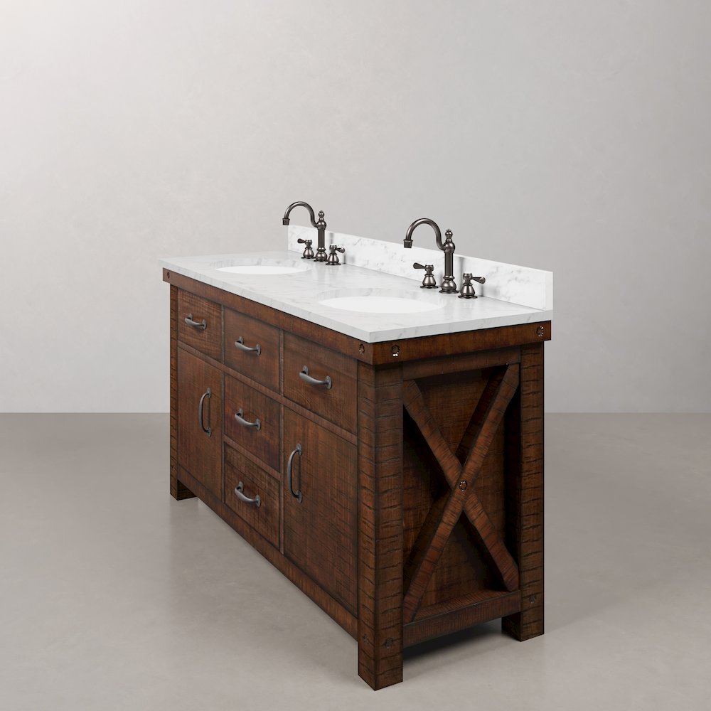 60 In. Double Sink Carrara White Marble Countertop Bath Vanity in Rustic Sienna. Picture 4