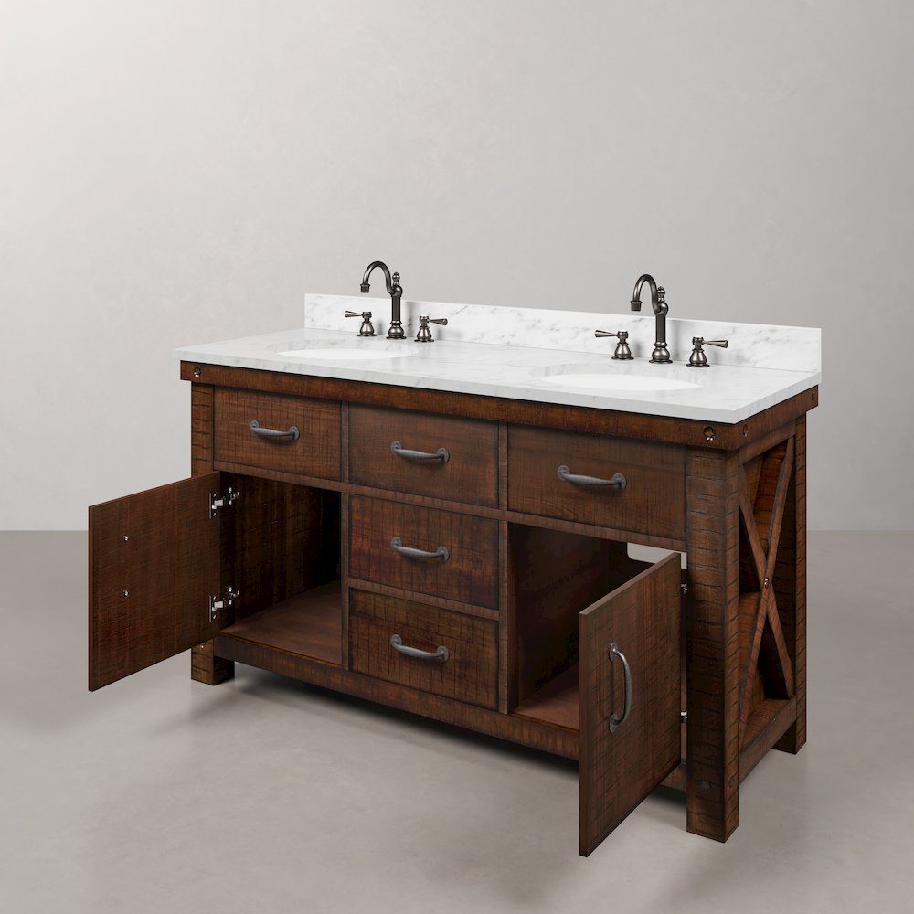 60 In. Double Sink Carrara White Marble Countertop Bath Vanity in Rustic Sienna. Picture 6