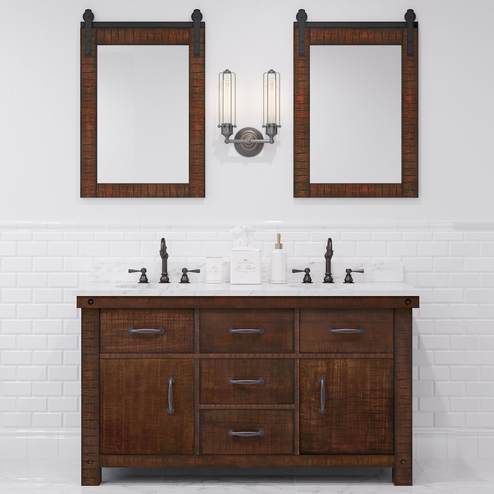60 In. Double Sink Carrara White Marble Countertop Bath Vanity in Rustic Sienna. Picture 10