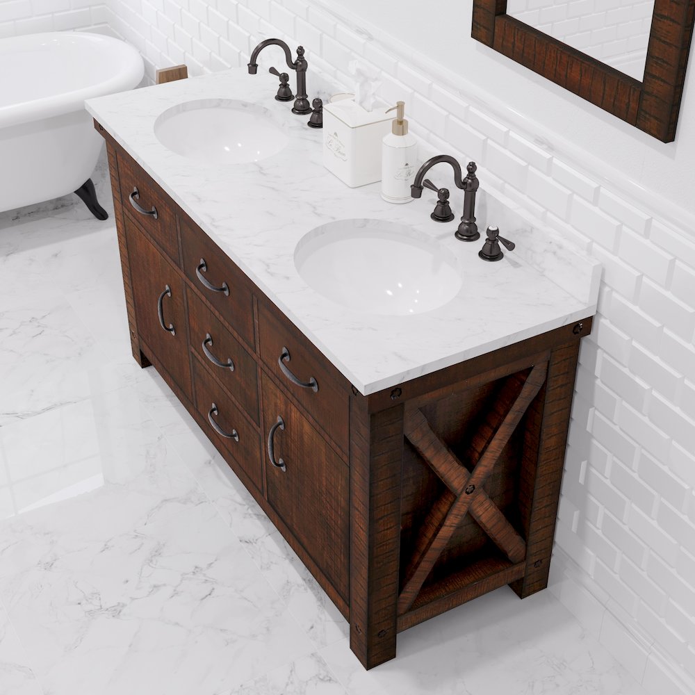 60 In. Double Sink Carrara White Marble Countertop Bath Vanity in Rustic Sienna. Picture 11