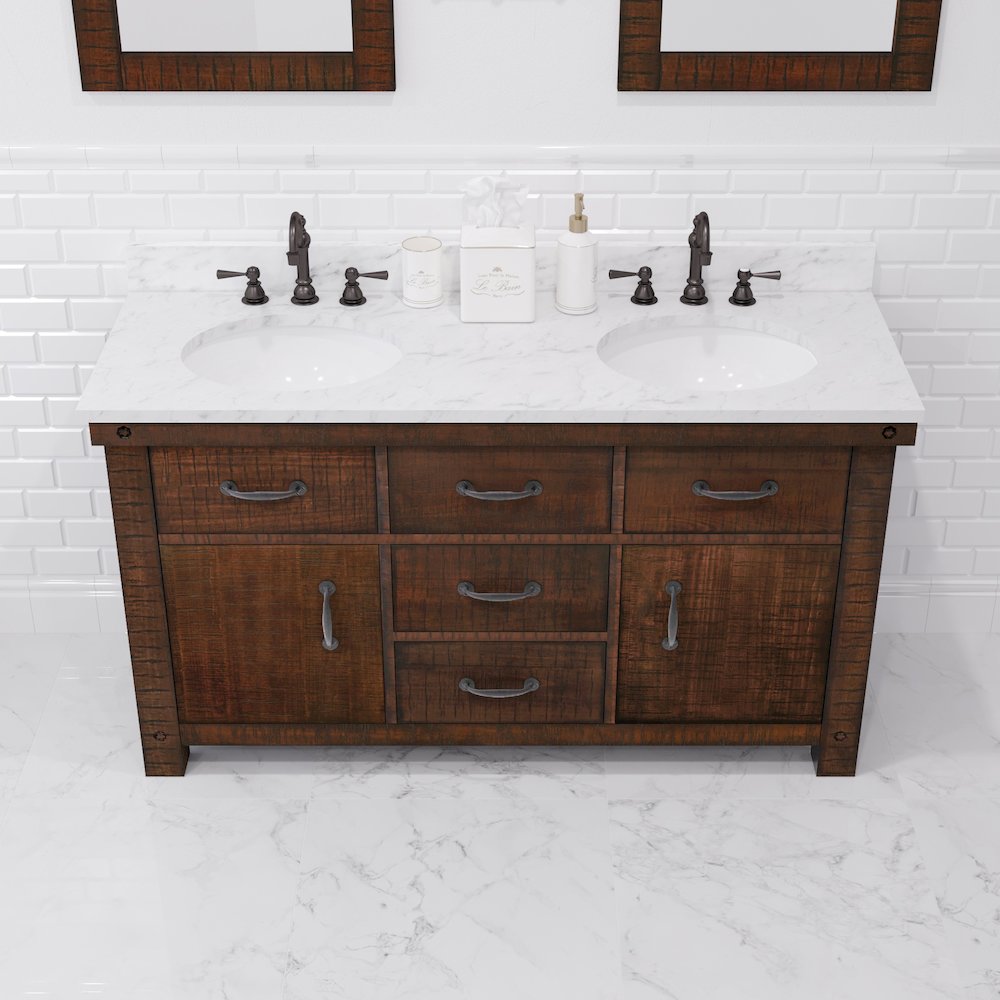 60 In. Double Sink Carrara White Marble Countertop Bath Vanity in Rustic Sienna. Picture 12