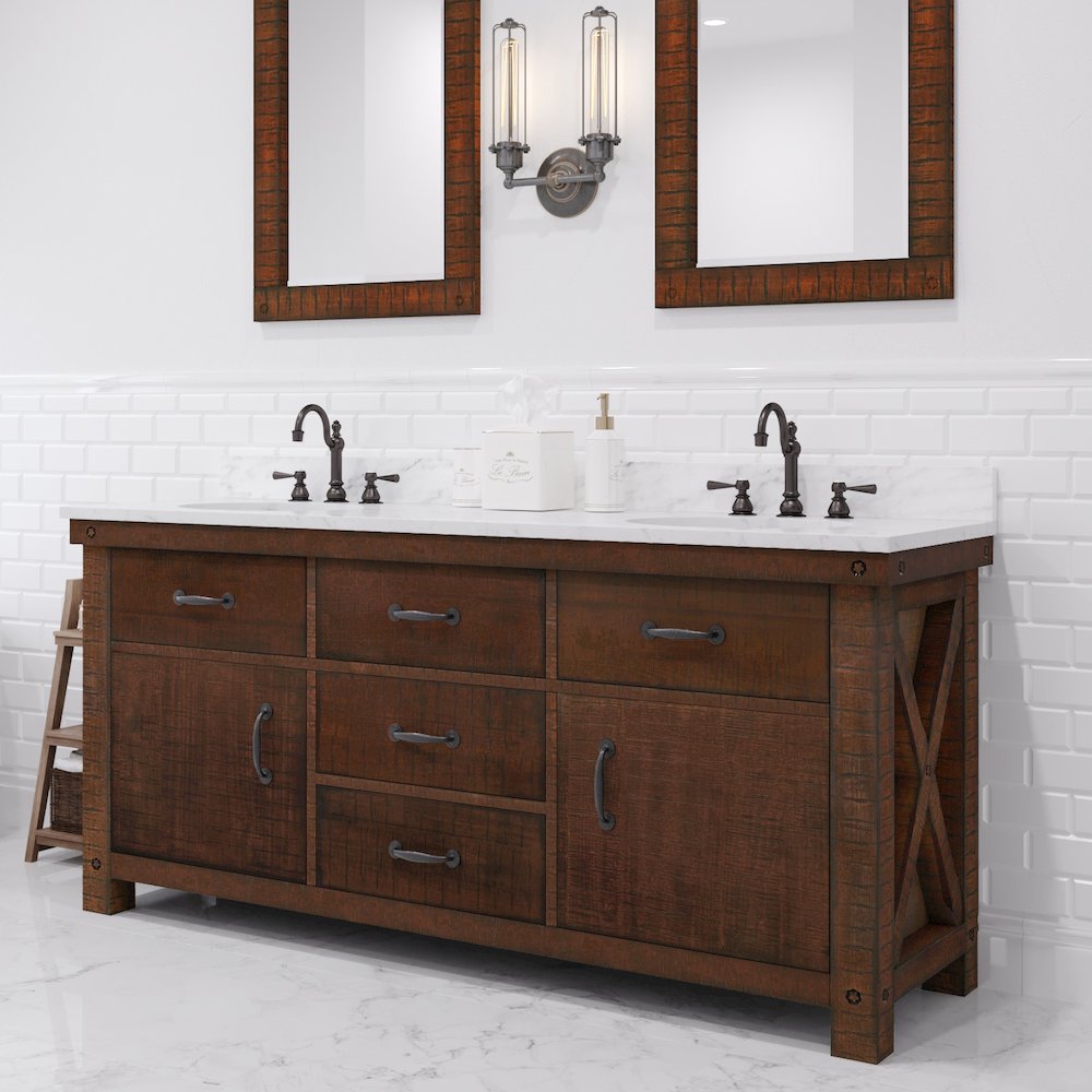 72 In. Double Sink Carrara White Marble Countertop Bath Vanity in Rustic Sienna. Picture 2