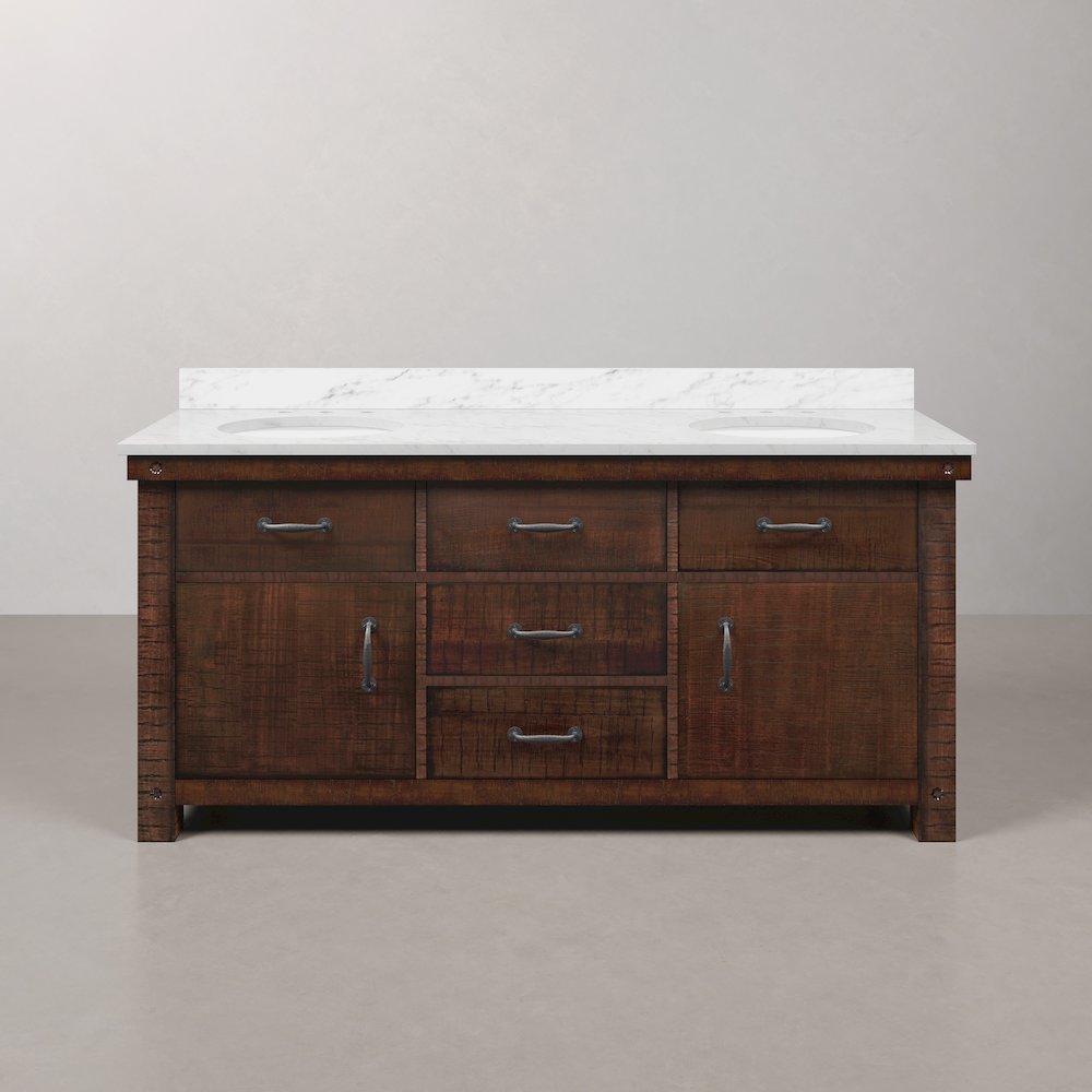 72 In. Double Sink Carrara White Marble Countertop Bath Vanity in Rustic Sienna. Picture 1