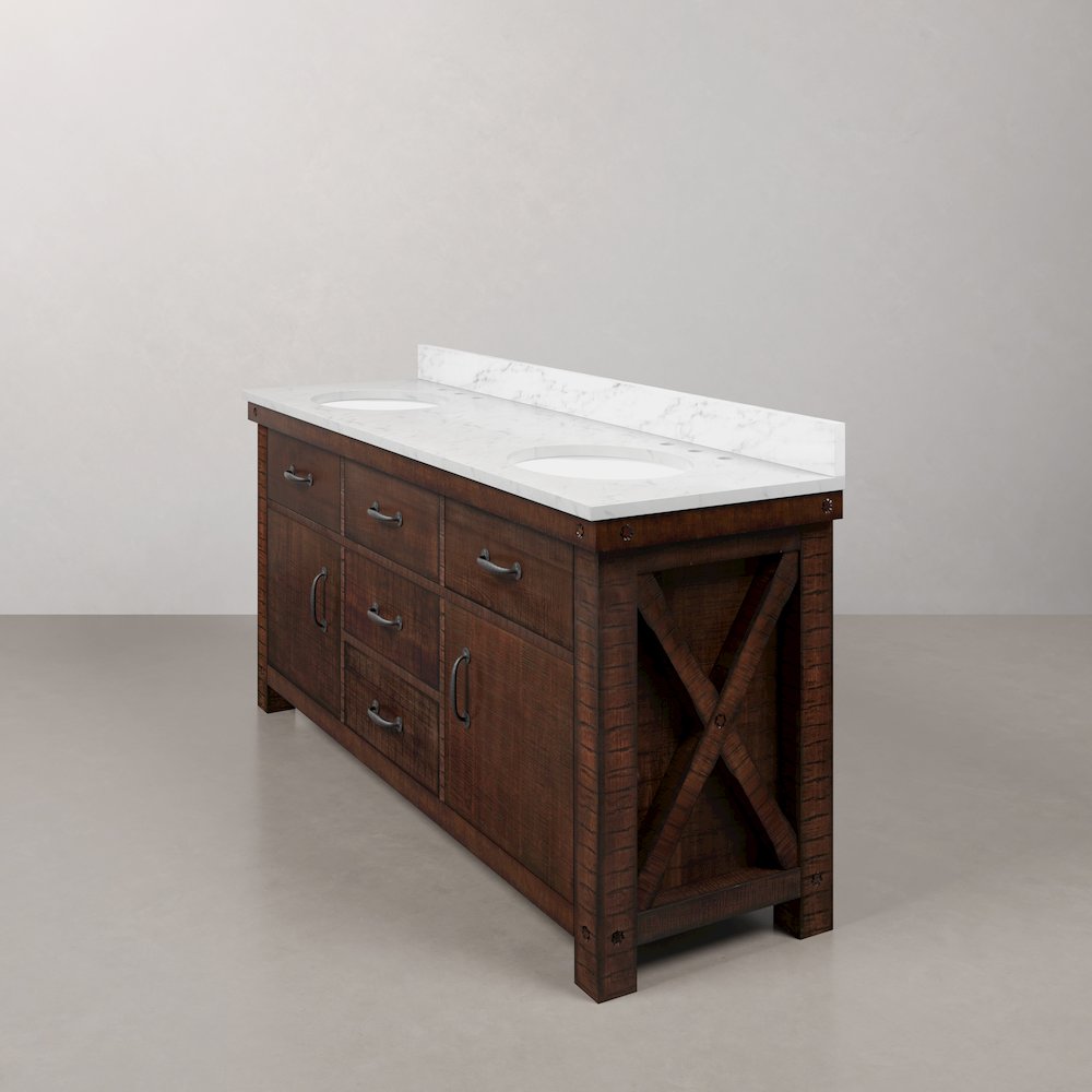 72 In. Double Sink Carrara White Marble Countertop Bath Vanity in Rustic Sienna. Picture 4