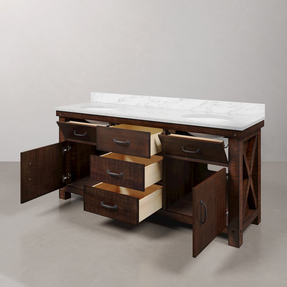 72 In. Double Sink Carrara White Marble Countertop Bath Vanity in Rustic Sienna. Picture 7