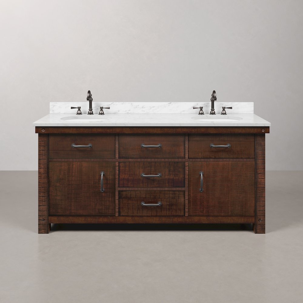 72 In. Double Sink Carrara White Marble Countertop Bath Vanity in Rustic Sienna. Picture 1