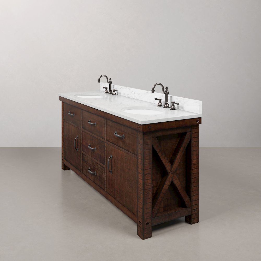 72 In. Double Sink Carrara White Marble Countertop Bath Vanity in Rustic Sienna. Picture 4