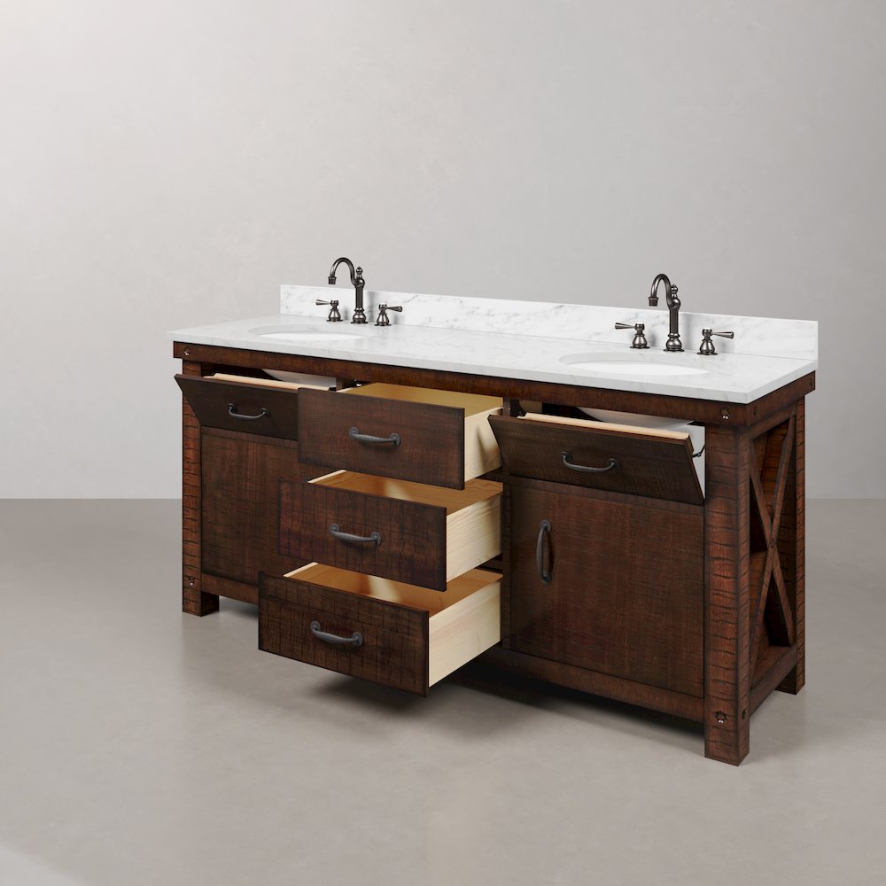 72 In. Double Sink Carrara White Marble Countertop Bath Vanity in Rustic Sienna. Picture 5