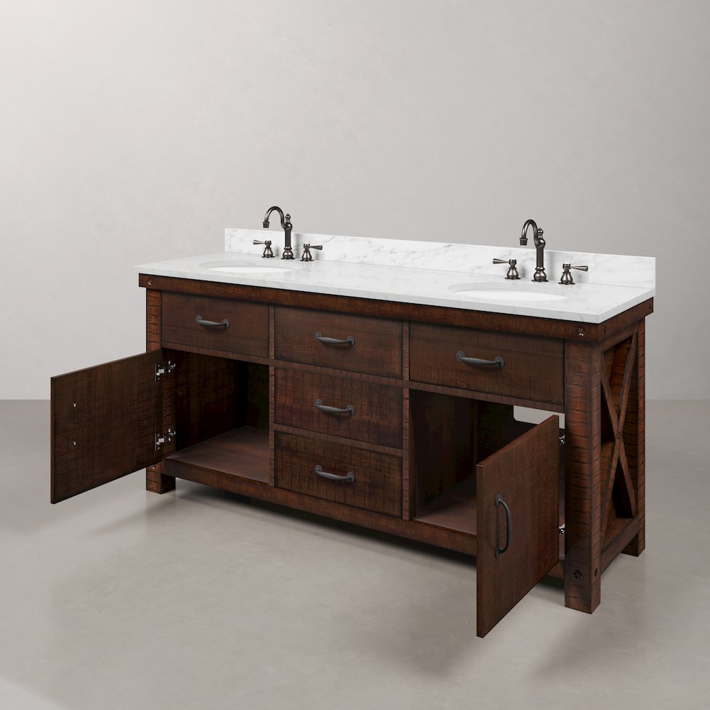 72 In. Double Sink Carrara White Marble Countertop Bath Vanity in Rustic Sienna. Picture 6
